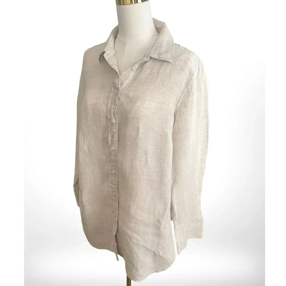 Talbots 100% Linen Natural Tunic Top Button Down Shirt LP Relaxed Coastal Beach